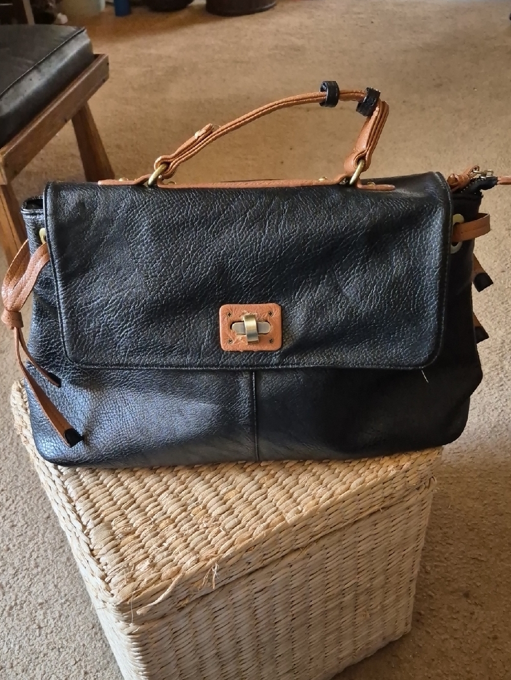 Vieta Black Leather Top-Handle Satchel with Tan Accents
